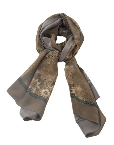 Crepe Silk Scarf - Beige Flowers On The Olive Green Base