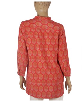 Long Silk Shirt - Golden Floral Patch On Red Base