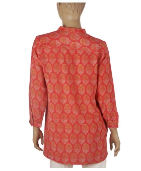 Long Silk Shirt - Golden Floral Patch On Red Base