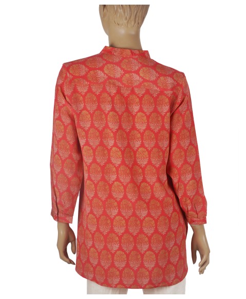 Long Silk Shirt - Golden Floral Patch On Red Base Long Silk Shirt - Golden Floral Patch On Red Base