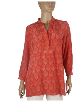 Long Silk Shirt - Golden Floral Patch On Red Base