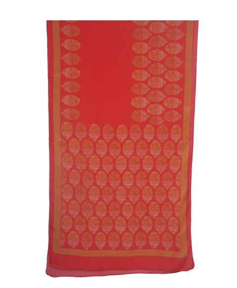 Crepe Silk Scarf - A Golden Floral Patch On Red Base Crepe Silk Scarf - A Golden Floral Patch On Red Base