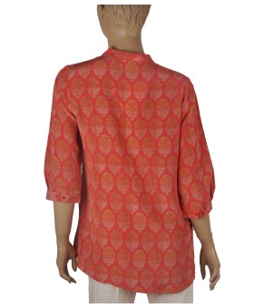 Short Silk Shirt - Golden Floral Patch On Red Base