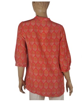 Short Silk Shirt - Golden Floral Patch On Red Base