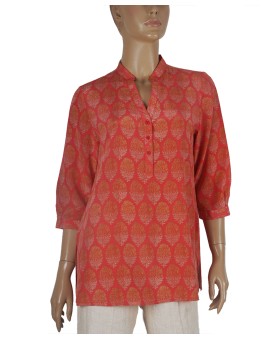 Short Silk Shirt - Golden Floral Patch On Red Base
