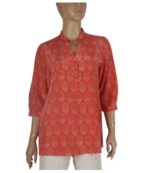 Short Silk Shirt - Golden Floral Patch On Red Base