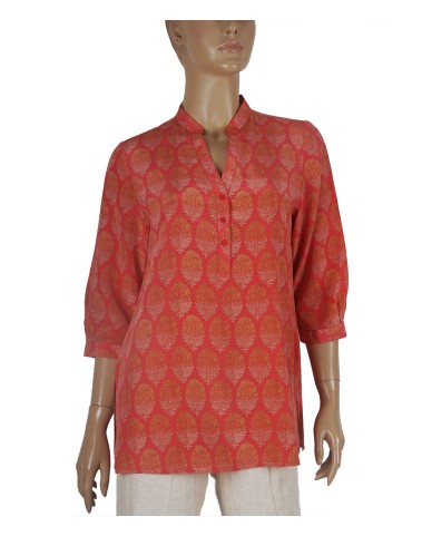 Short Silk Shirt - Golden Floral Patch On Red Base