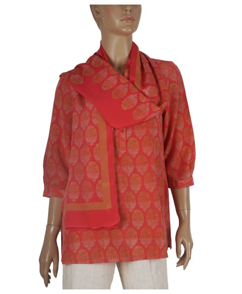 Short Silk Shirt - Golden Floral Patch On Red Base