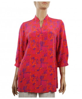 Short Silk Shirt - Pink and Orange Abstract
