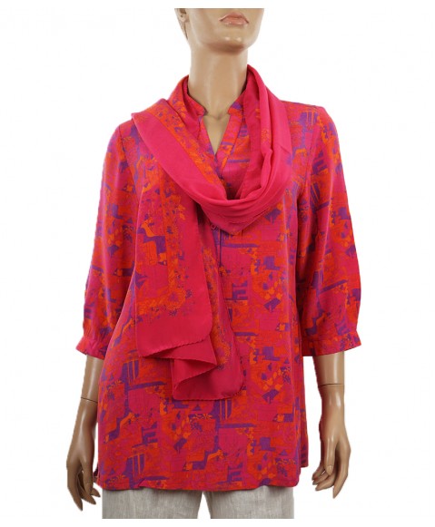 Short Silk Shirt - Pink and Orange Abstract