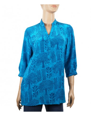 Short Silk Shirt - Blue Trees