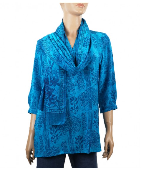 Short Silk Shirt - Blue Trees