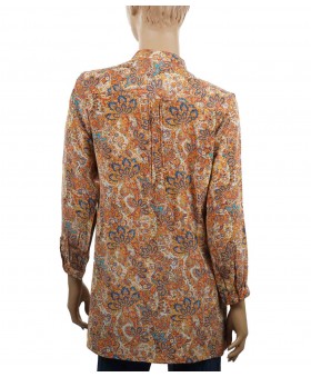 Long Silk Shirt - Beige and Rust Floral