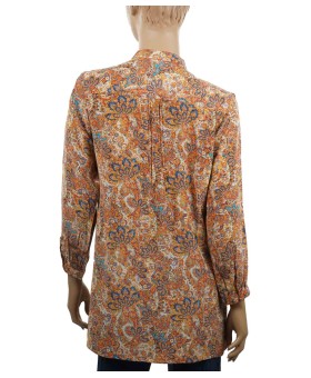 Long Silk Shirt - Beige and Rust Floral