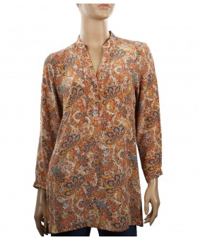 Long Silk Shirt - Beige and Rust Floral