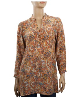 Long Silk Shirt - Beige and Rust Floral