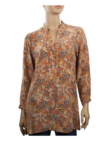 Long Silk Shirt - Beige and Rust Floral
