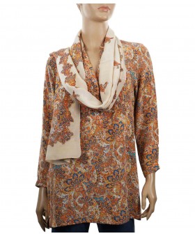 Long Silk Shirt - Beige and Rust Floral
