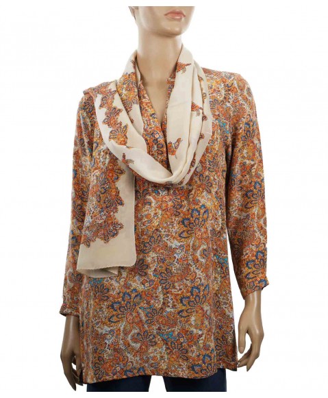 Long Silk Shirt - Beige and Rust Floral