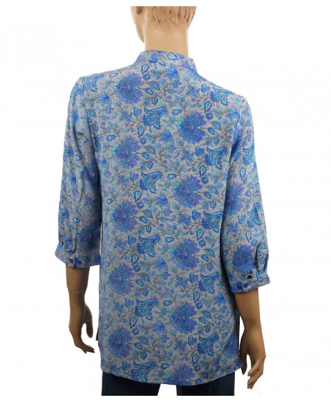 Short Silk Shirt - Grey and Blue Floral