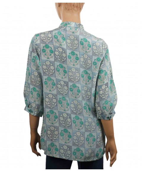 Short Silk Shirt - Grey and Green Butti