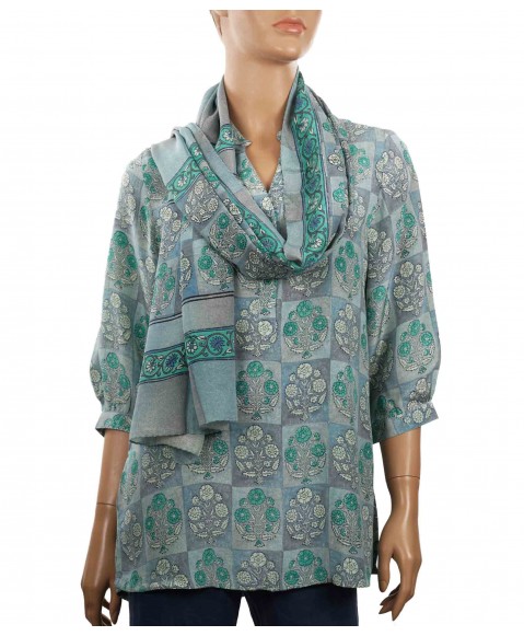 Short Silk Shirt - Grey and Green Butti