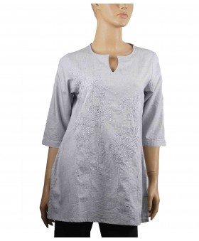 Casual Kurti - Grey Floral Embroidery