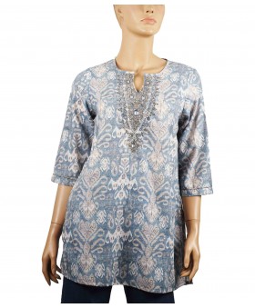 Viscose Embroidered Kurti - Denim Blue With Ikat