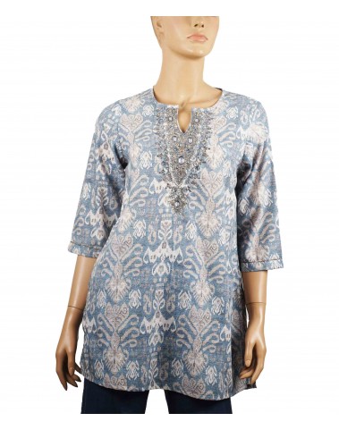 Viscose Embroidered Kurti - Denim Blue With Ikat