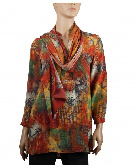 Long Silk Shirt - Rust Abstract