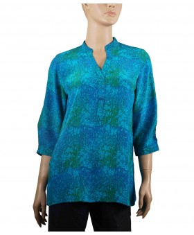 Short Silk Shirt - Green Blue Splash