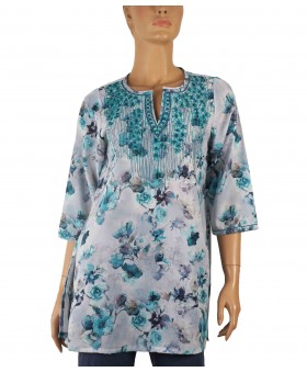 Casual Kurti - Blue Floral With Embroidery