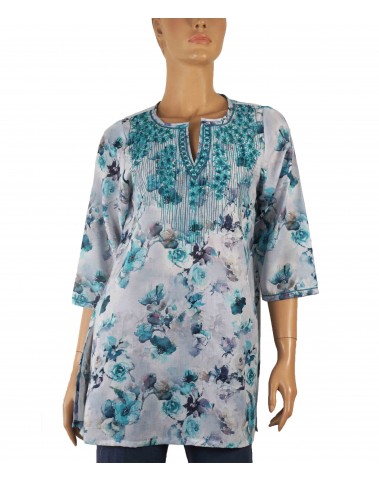 Casual Kurti - Blue Floral With Embroidery