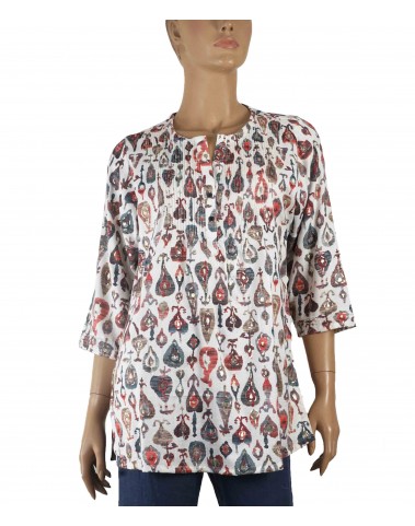 Casual Kurti - Red Ikat Prints On White Base