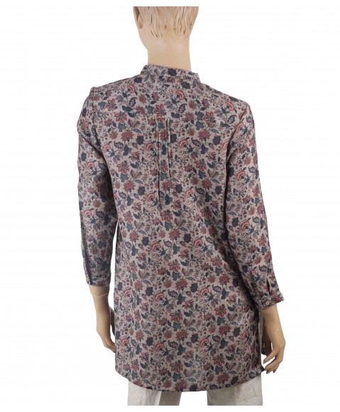 Casual Kurti - Beige Base With Maroon Floral Creeper