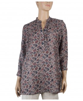 Casual Kurti - Beige Base With Maroon Floral Creeper