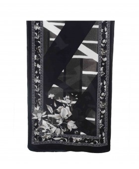 Crepe Silk Scarf - Black And White Flowers
