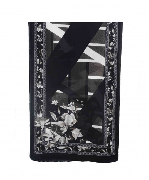 Crepe Silk Scarf - Black And White Flowers