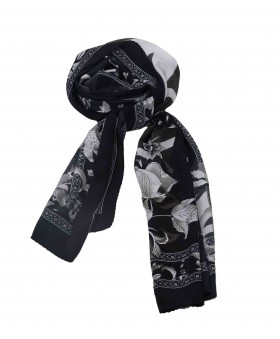 Crepe Silk Scarf - Black And White Flowers