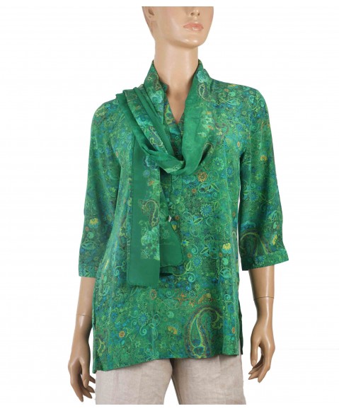 Short Silk Shirt - Green Paisley