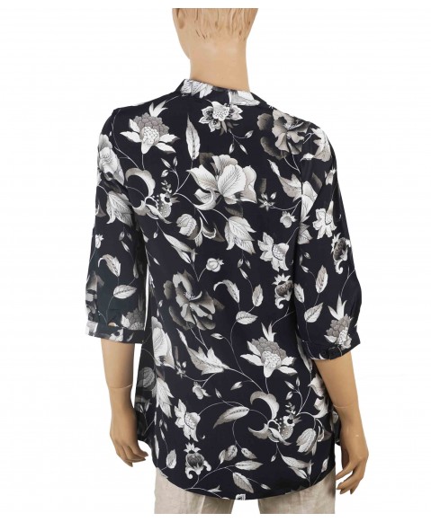 Short Silk Shirt - Black And White Flowers