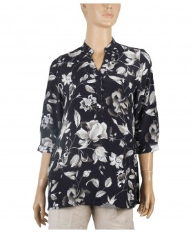 Short Silk Shirt - Black And White Flowers