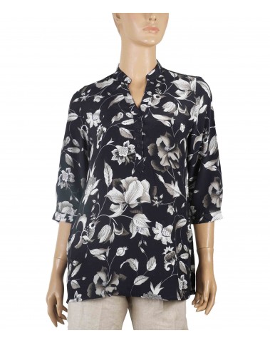 Short Silk Shirt - Black And White Flowers