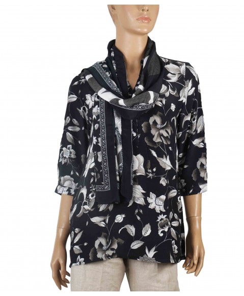 Short Silk Shirt - Black And White Flowers