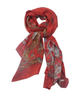 Crepe Silk Scarf - Grey Paisley On The Red Base 