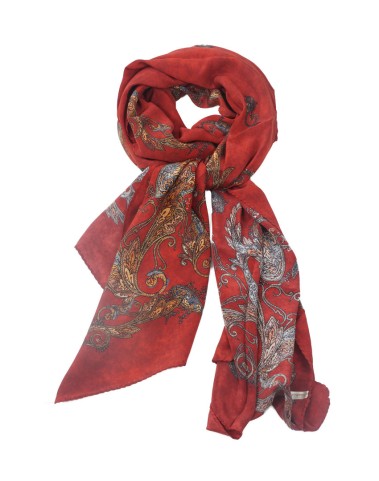 Crepe Silk Scarf - Grey Paisley On The Red Base 