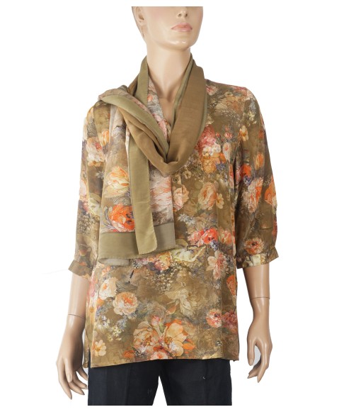 Short Silk Shirt - Big Orange Flowers