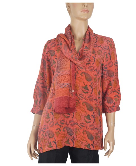 Short Silk Shirt - Orange And Blue Paisley