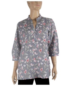 Casual Shirt - Pink Flowers On Grey Base