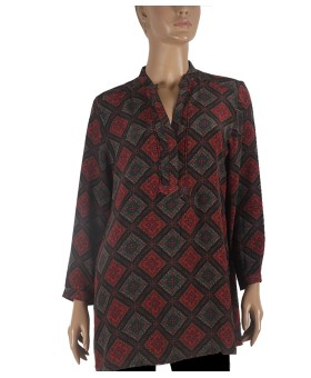 Long Silk Shirt - Pink And Green Tiny Flowers On Black Base